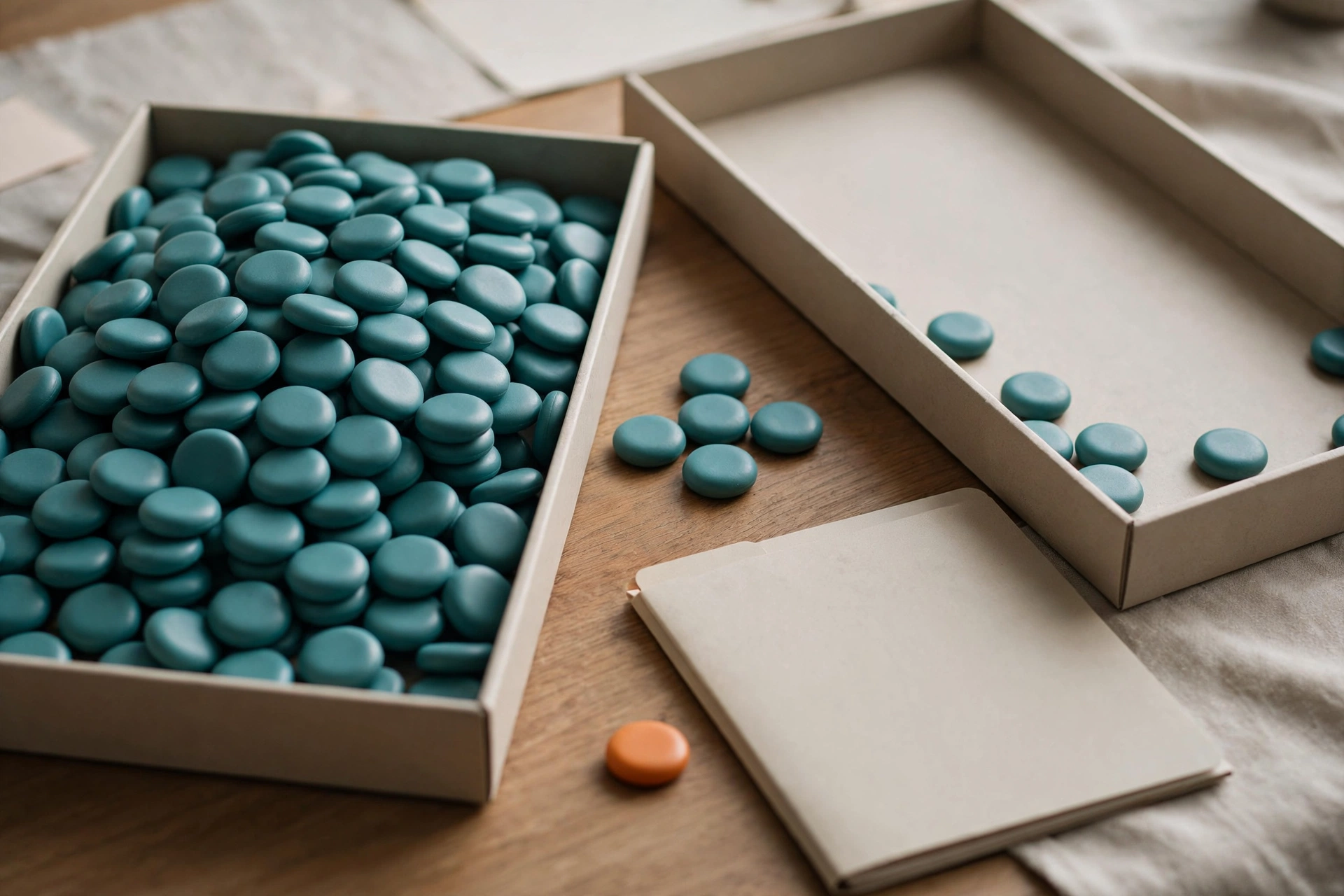 Teal tokens fill one tray, with some scattered in another, and a few tokens between them and an orange token near a folder.