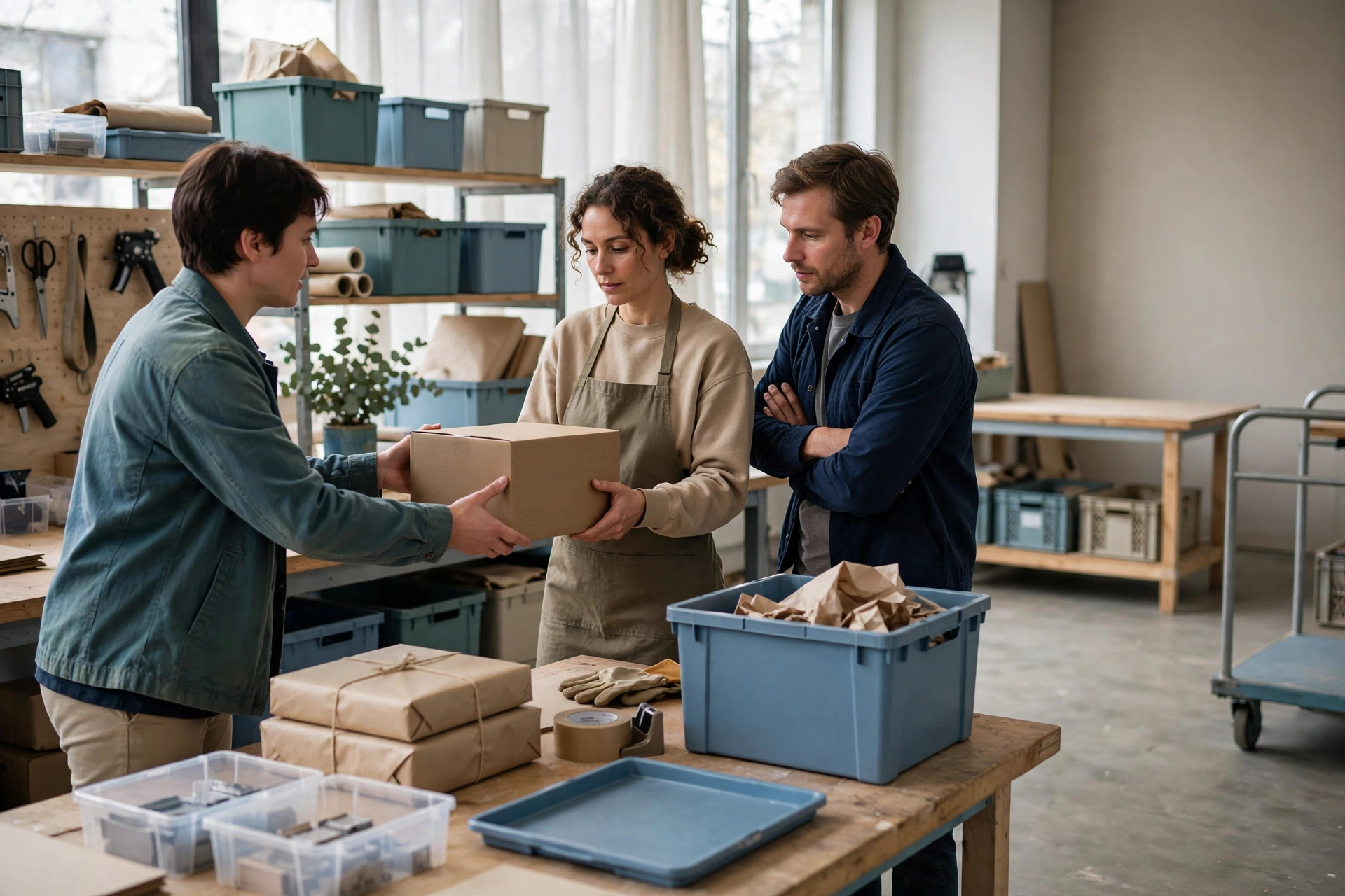 A man hands a box to a woman wearing an apron while another man watches, in a studio with shelves of supplies.