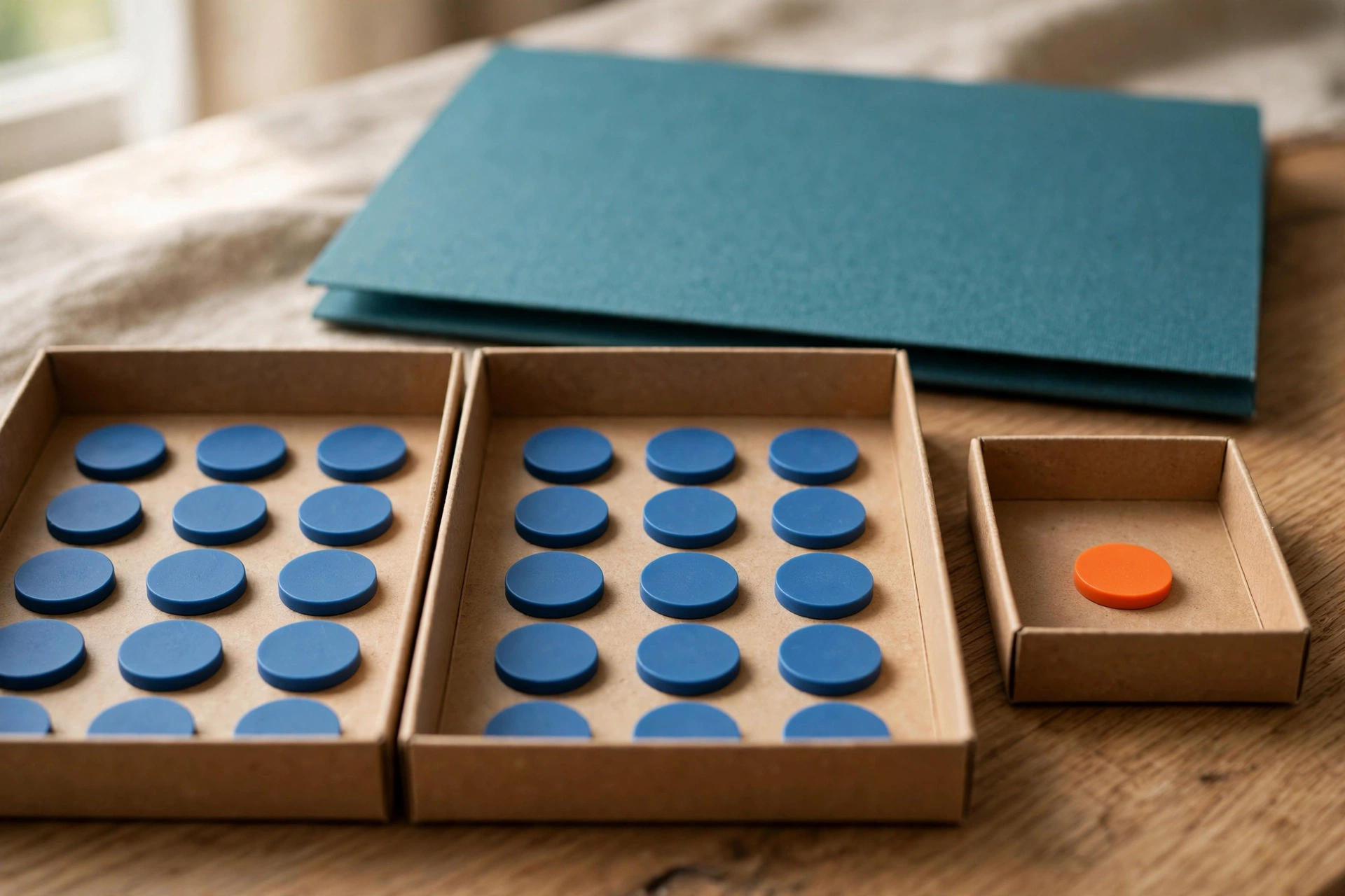 Blue tokens are distributed in two cardboard trays, and a single orange token sits in a smaller tray, with a teal folder behind.
