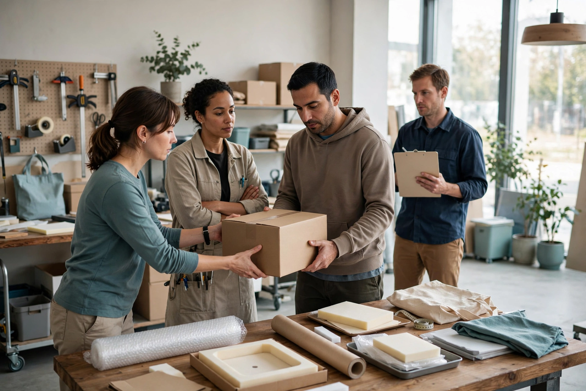 Four people in a studio coordinate a physical handoff of a cardboard box while others observe.