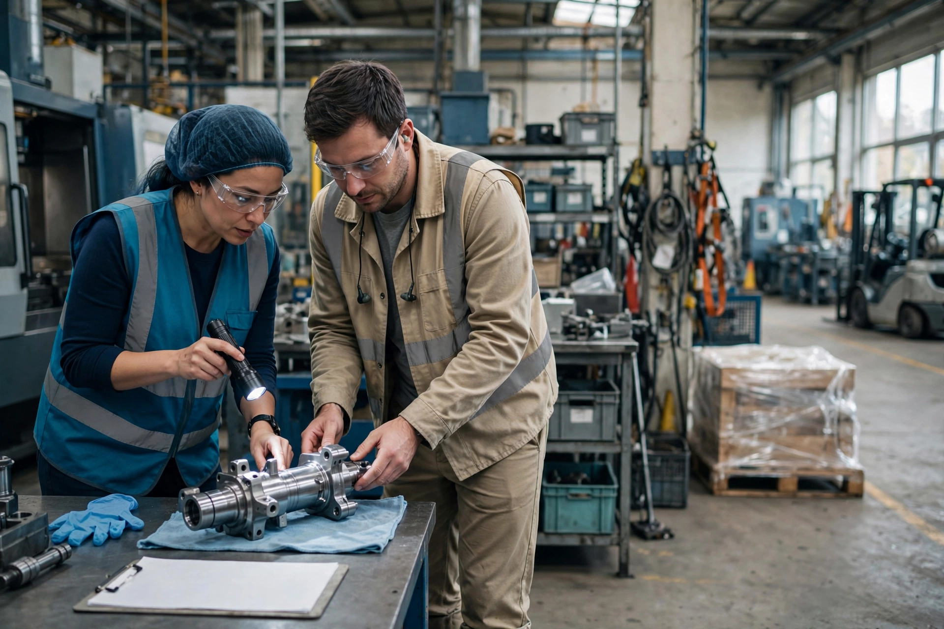 A woman with a head covering and safety glasses uses a flashlight to inspect a metal component with a male colleague in a factory work cell.