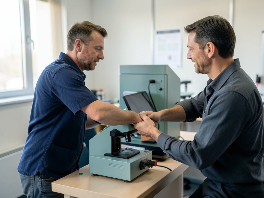 Two men are working together with a piece of equipment in a workshop setting.