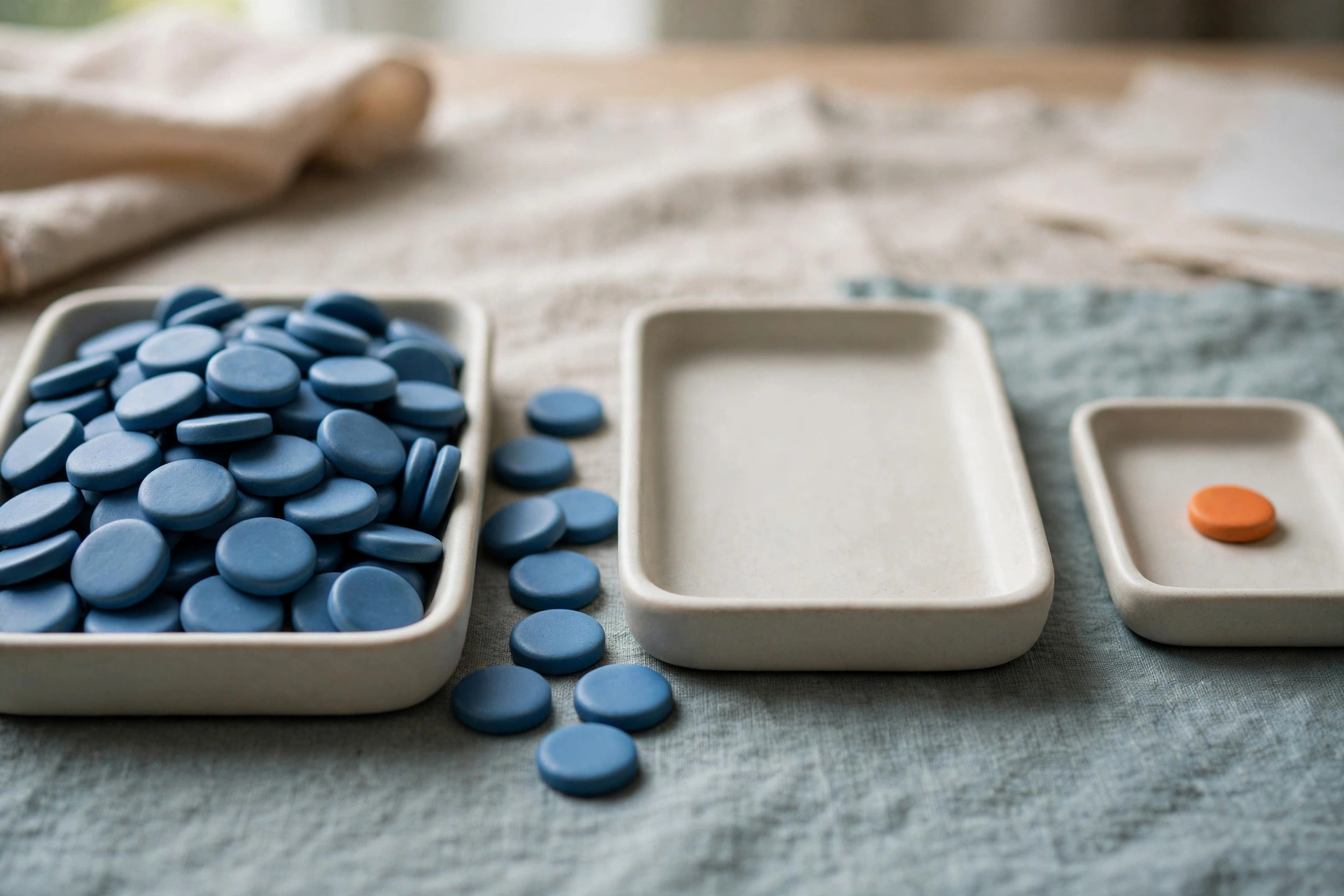 Three shallow trays hold blue tokens, with one tray containing a single orange token, arranged on a textured surface.