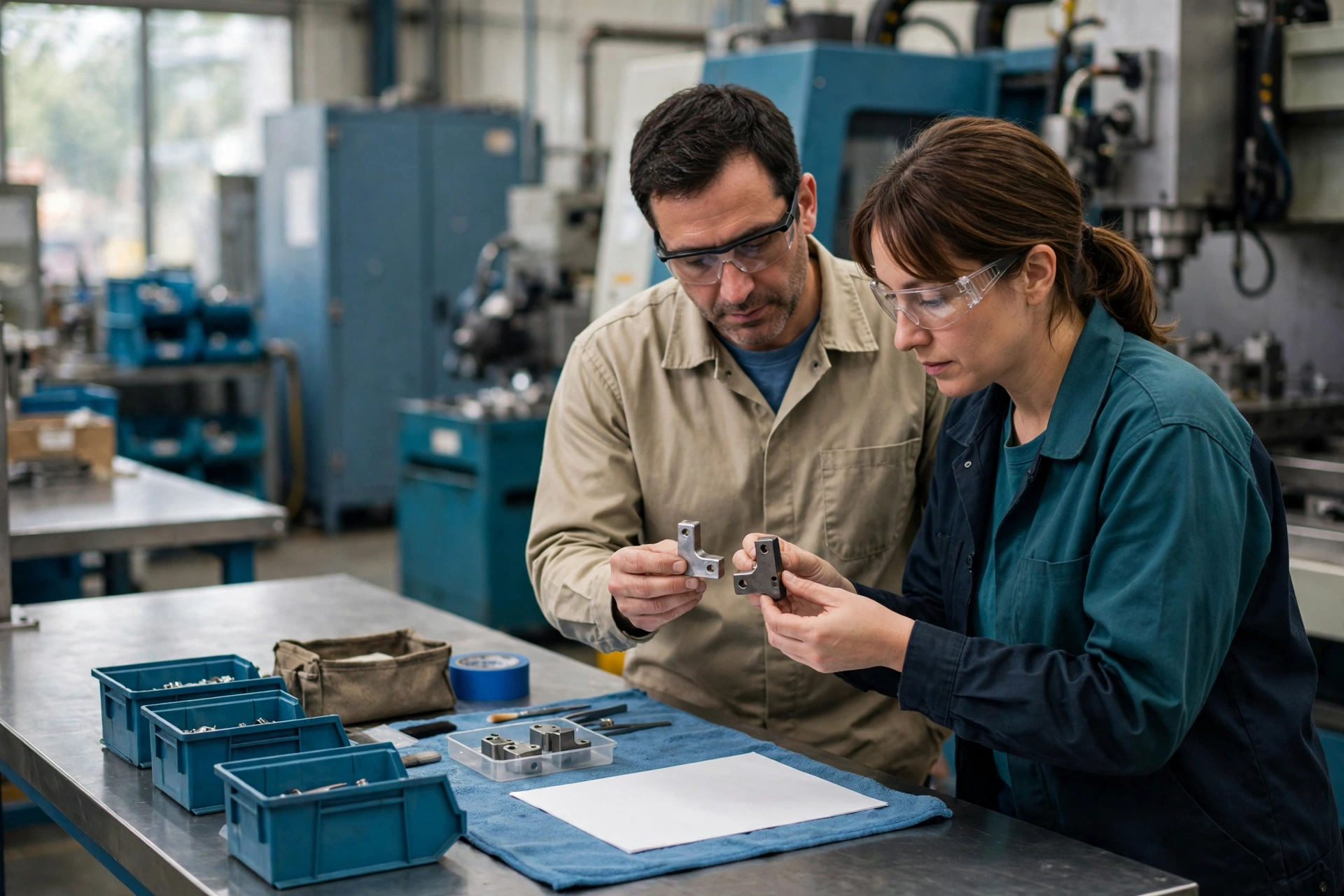 A man and a woman in safety glasses compare metal parts at a workbench in a manufacturing facility.