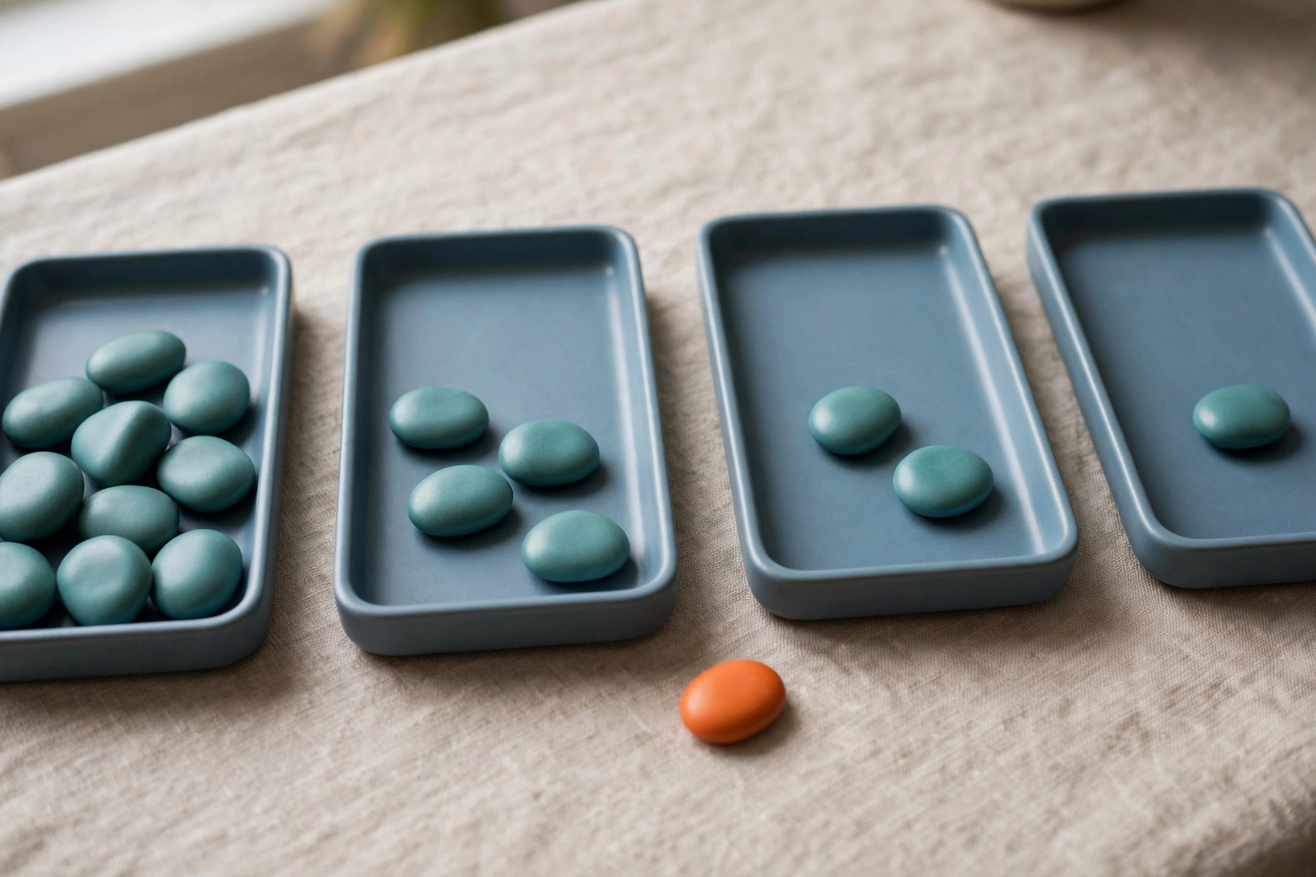 Four blue trays with teal tokens and one orange token arranged on a textured surface represent a sales pipeline.