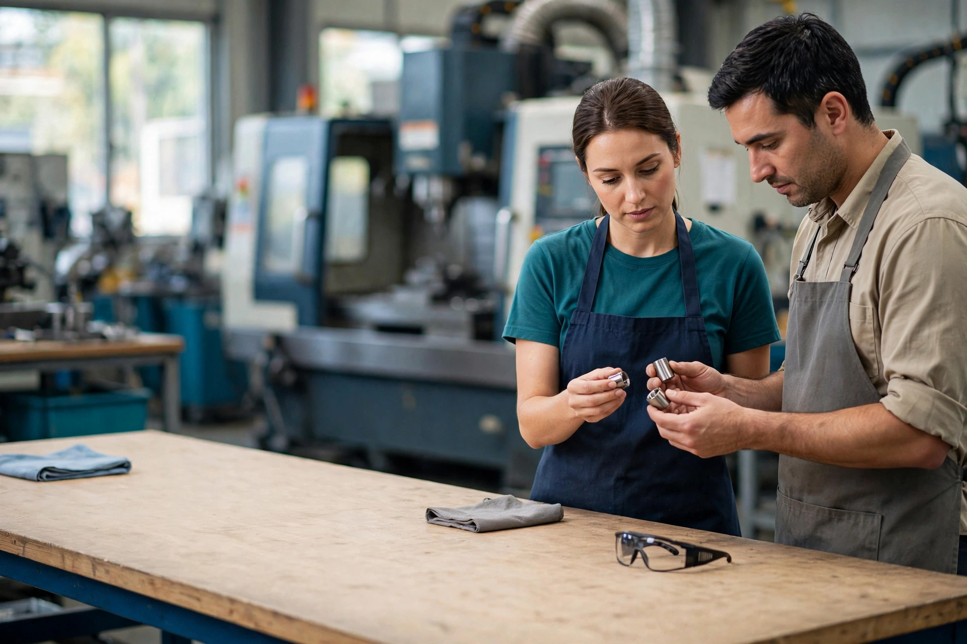 A man and a woman in aprons examine metal parts at a workbench in a manufacturing facility.