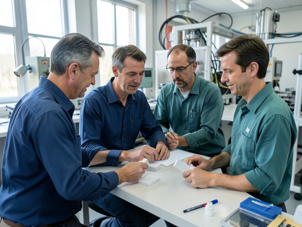 Four men in a clean manufacturing setting compare small white boxes at a table, with machinery in the background.