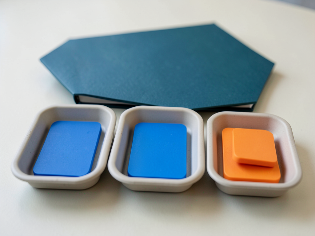 Three shallow office trays with blue tokens progress from left to right, with two orange tokens isolated in a fourth tray on the right, behind a teal folder.