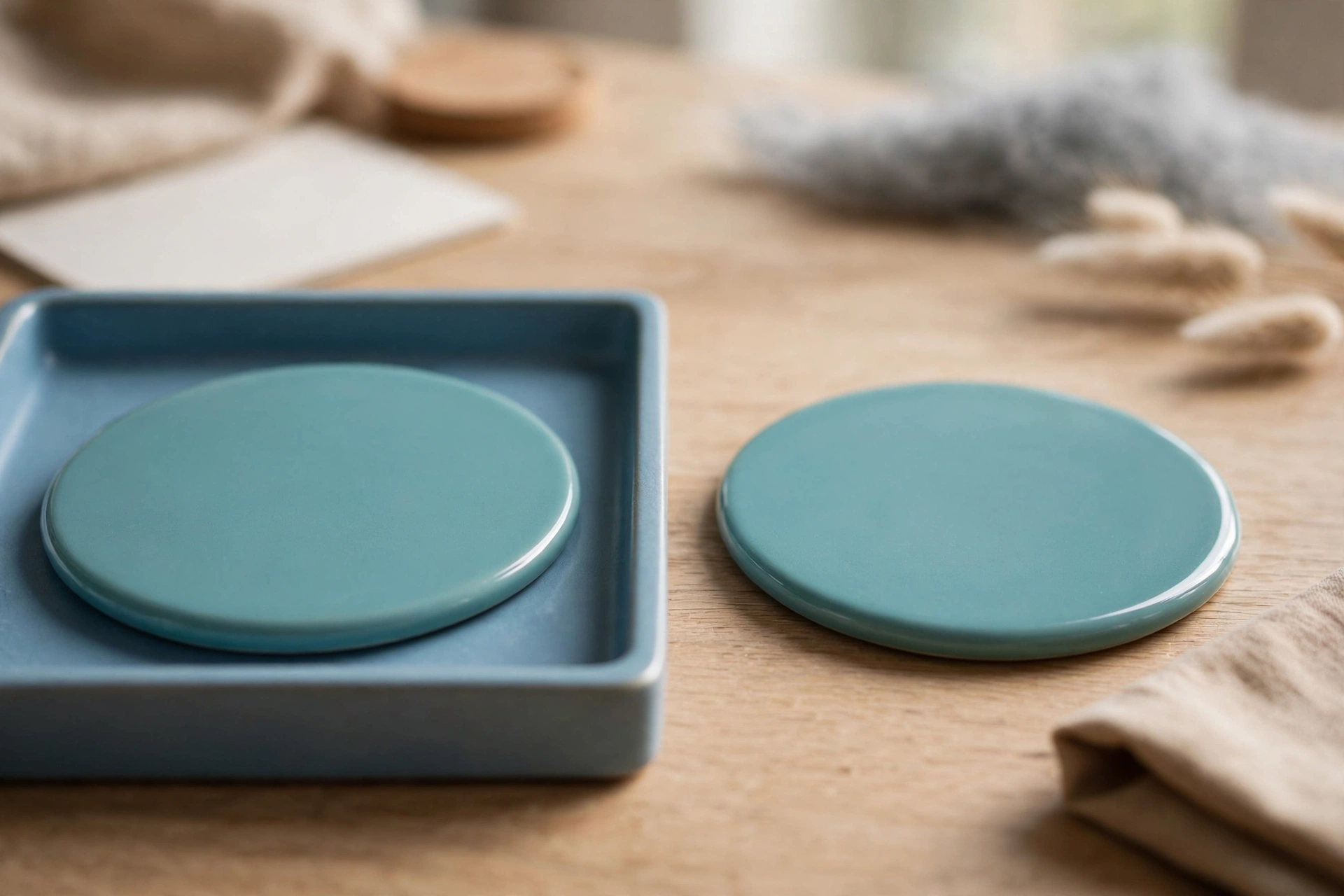 Two identical teal ceramic discs are shown side by side on a wooden desk, with one disc placed inside a shallow blue tray.