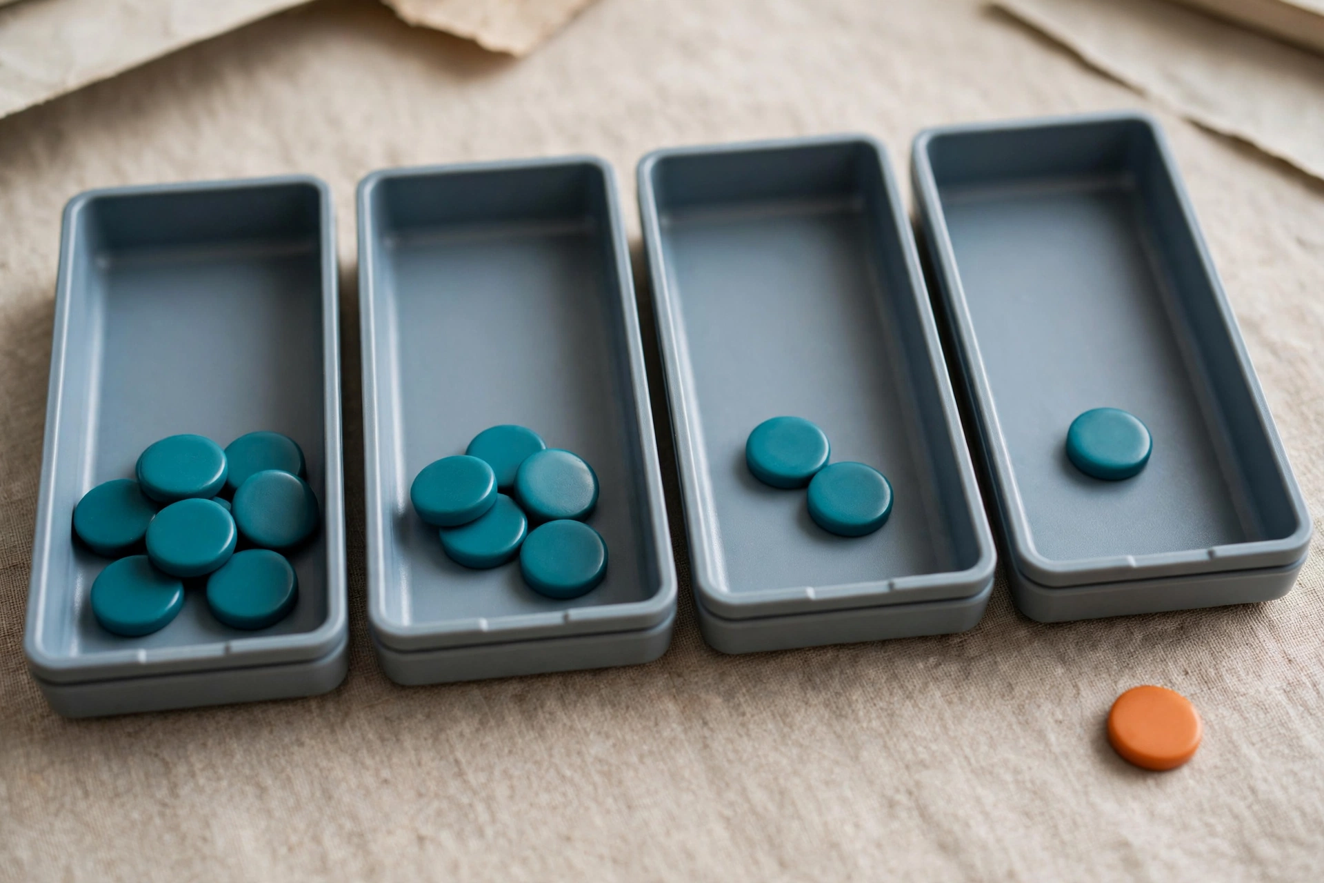 Four gray office sorting trays are arranged in a row with teal tokens, and an orange token sits separately on a textured surface.