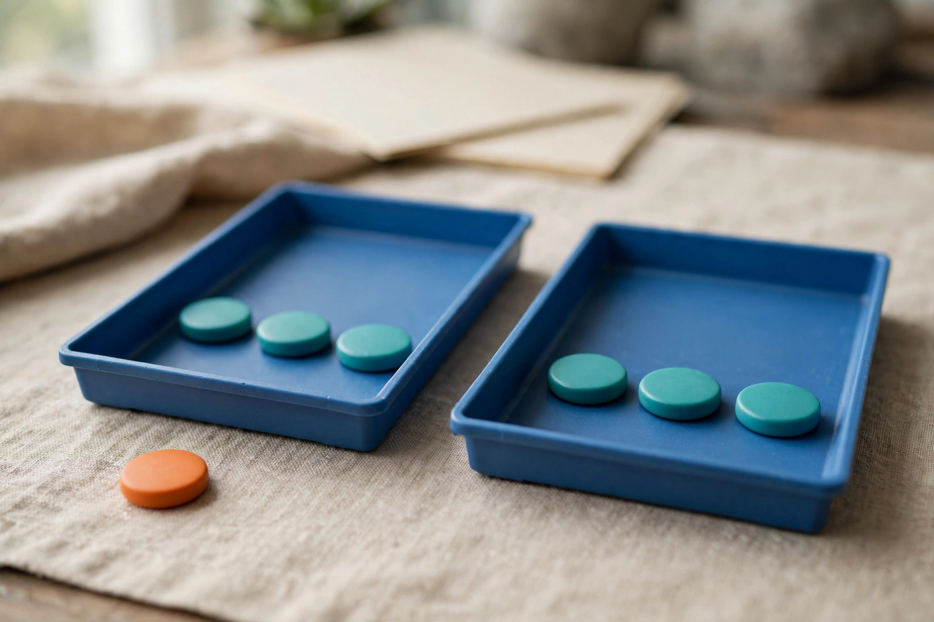 Two blue sorting trays hold teal tokens, with an orange token placed outside one tray on a textured surface.