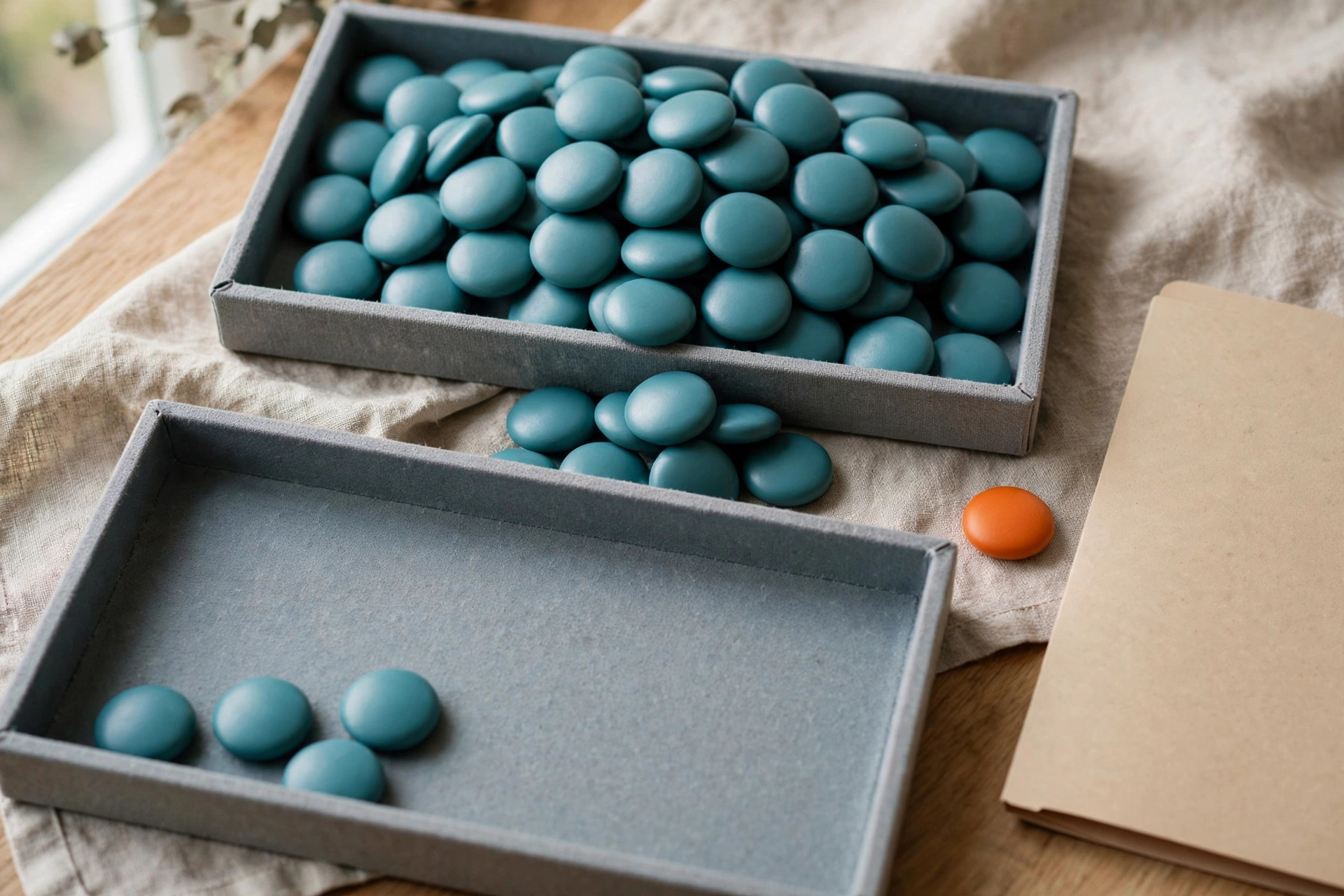 Teal tokens are in two trays, with some tokens between them, and an orange token sits next to a closed tan folder on a desk.
