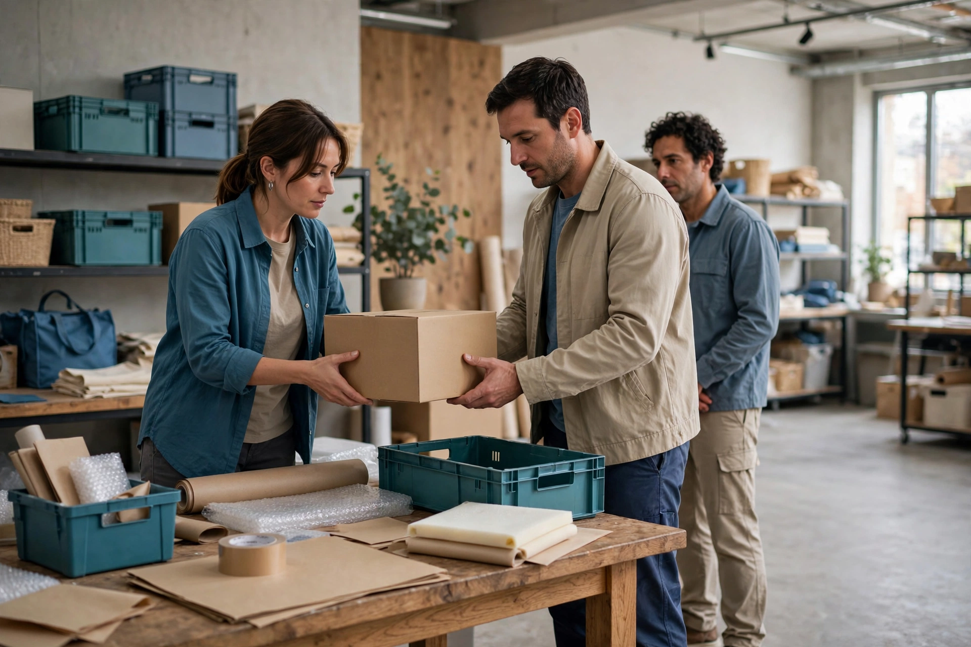 A woman hands a box to a man while another man stands behind them in a bright studio with shelves and materials.