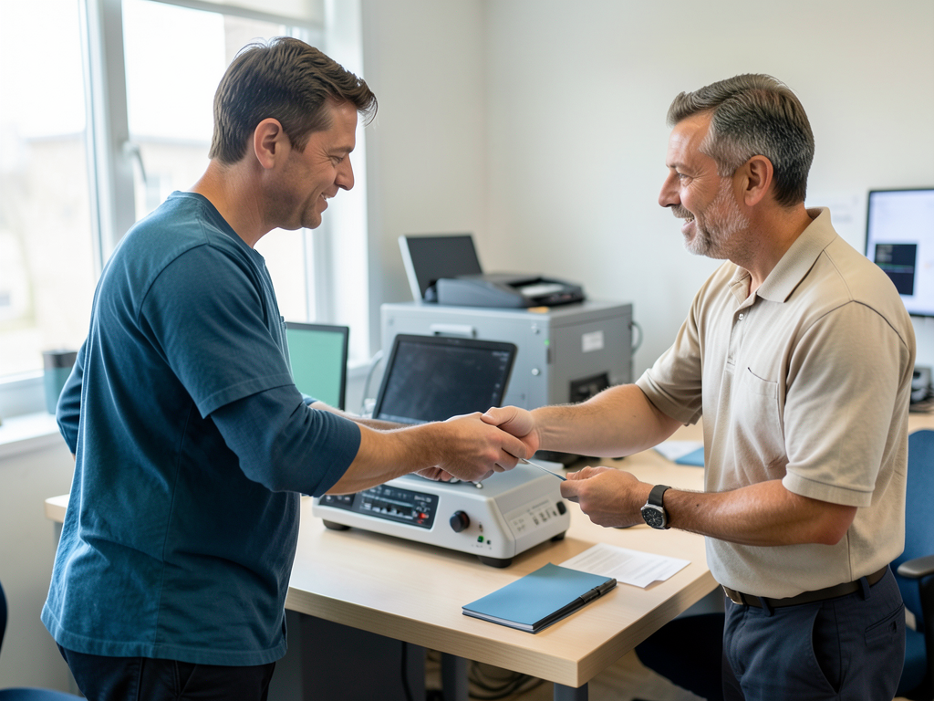 Two men shake hands over a table with equipment in an office setting.