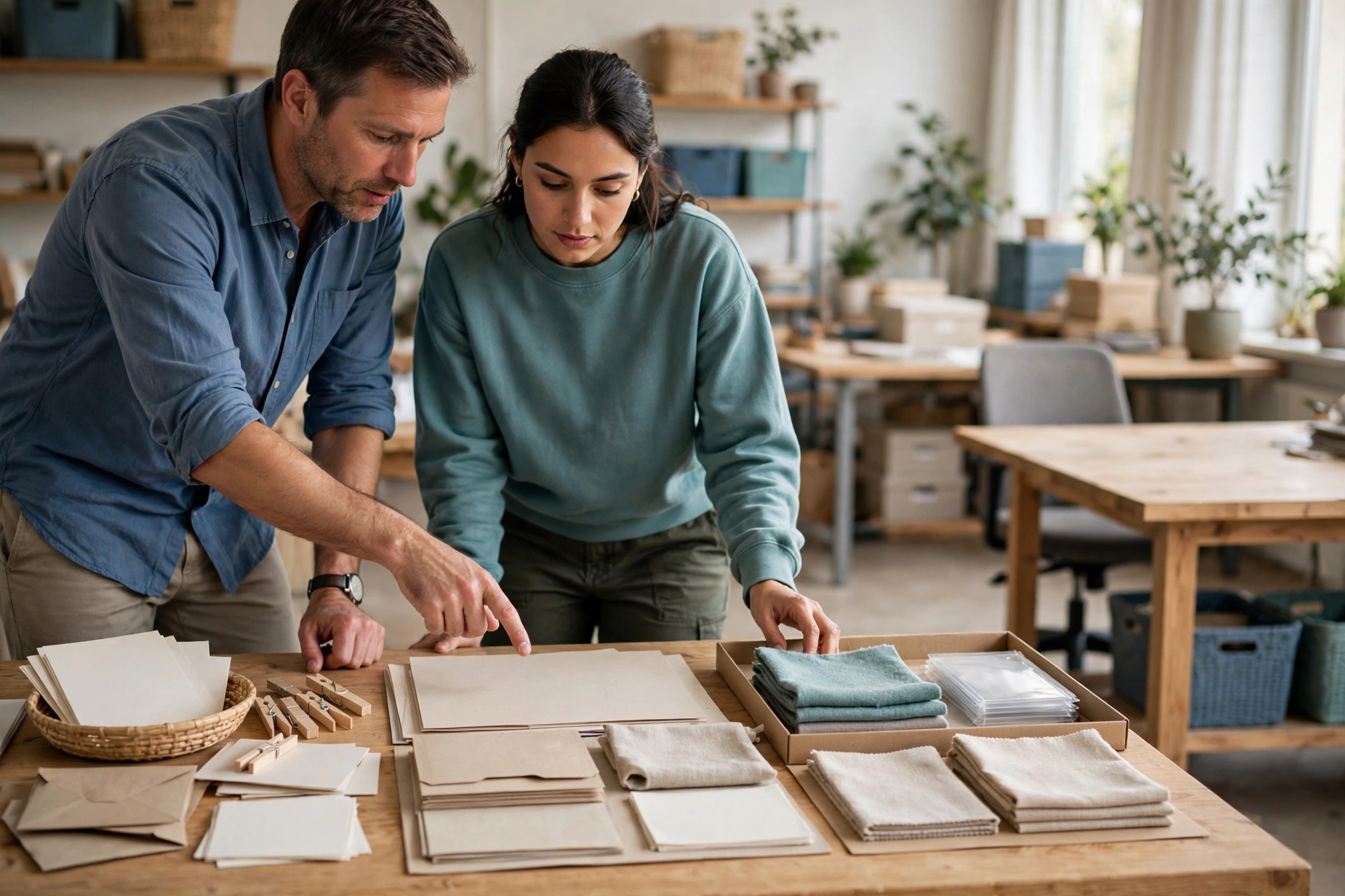A man points to papers on a table while a woman looks on in a workshop.