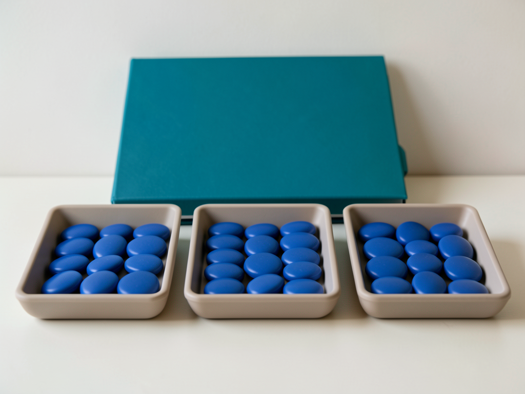 Three shallow trays of blue tokens are arranged left to right, with a teal folder behind them on a white surface.