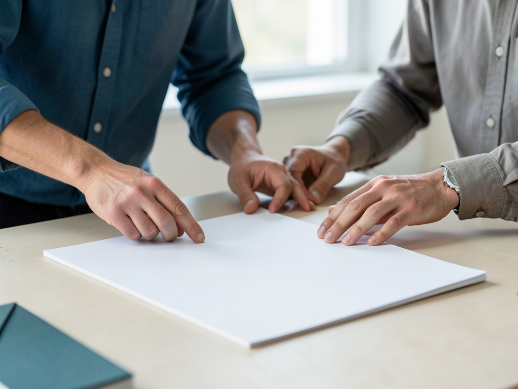 Two colleagues collaborate on a white sheet of paper on a table in a studio.