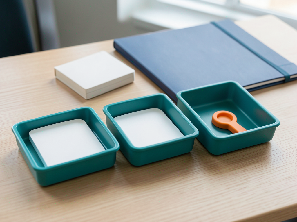 Three teal sorting trays with white tokens are arranged on a desk, with an orange token in the rightmost tray, representing a project handoff.
