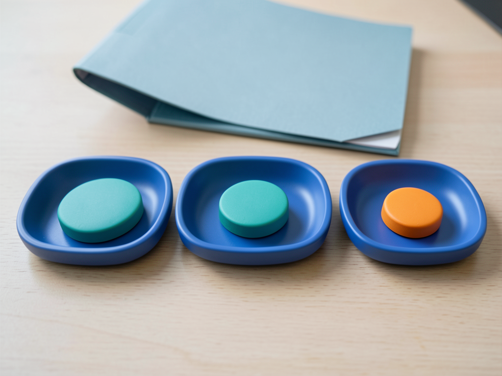 Three blue trays with teal tokens in a sequence and a separate tray with an orange token are arranged on a wooden surface behind a blue folder.