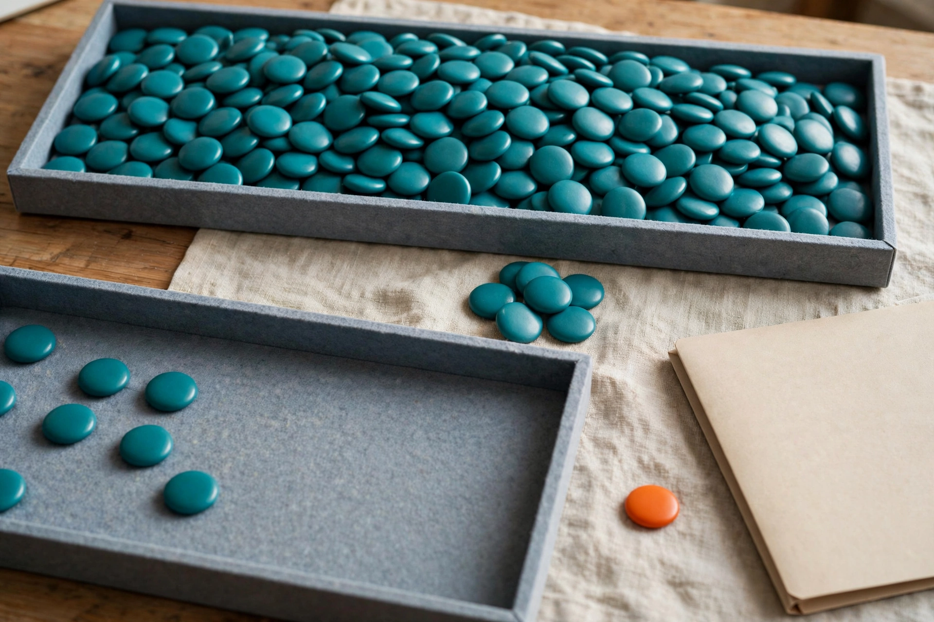 Teal tokens fill one tray and are scattered in another, with a small group between them and an orange token near a folder.