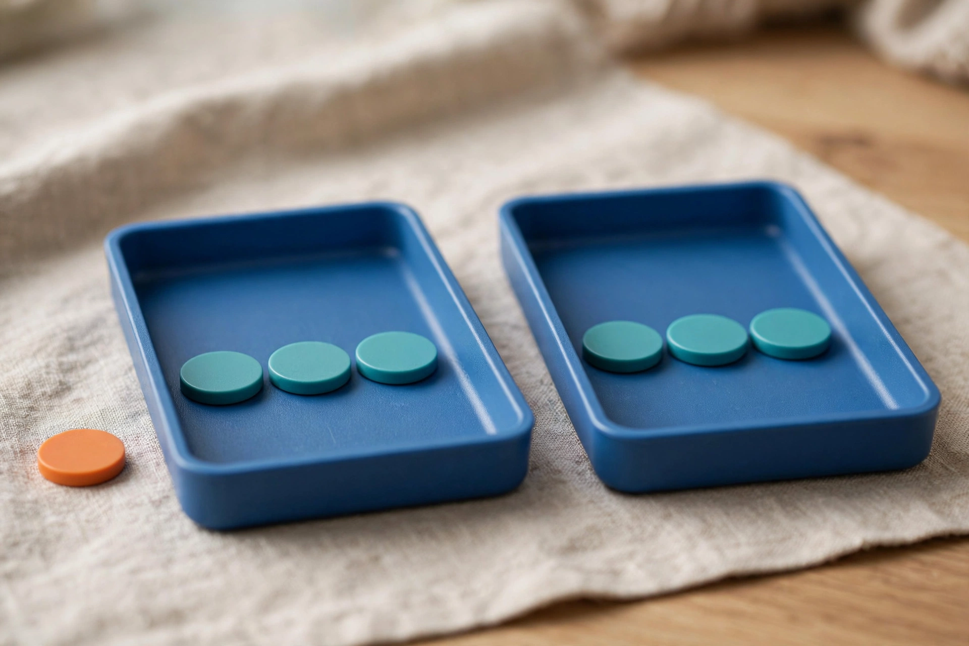 Two blue sorting trays hold teal tokens, with an orange token placed outside one tray on a textured surface.