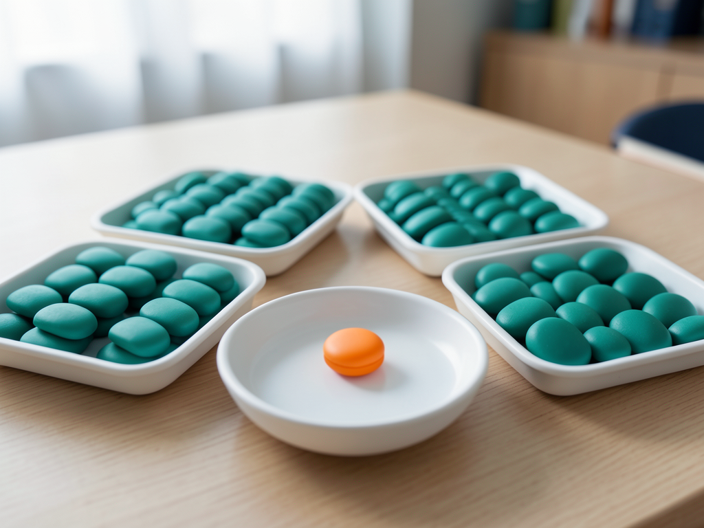 Four white trays of teal tokens are arranged on a wooden table, with one tray containing a single orange token.