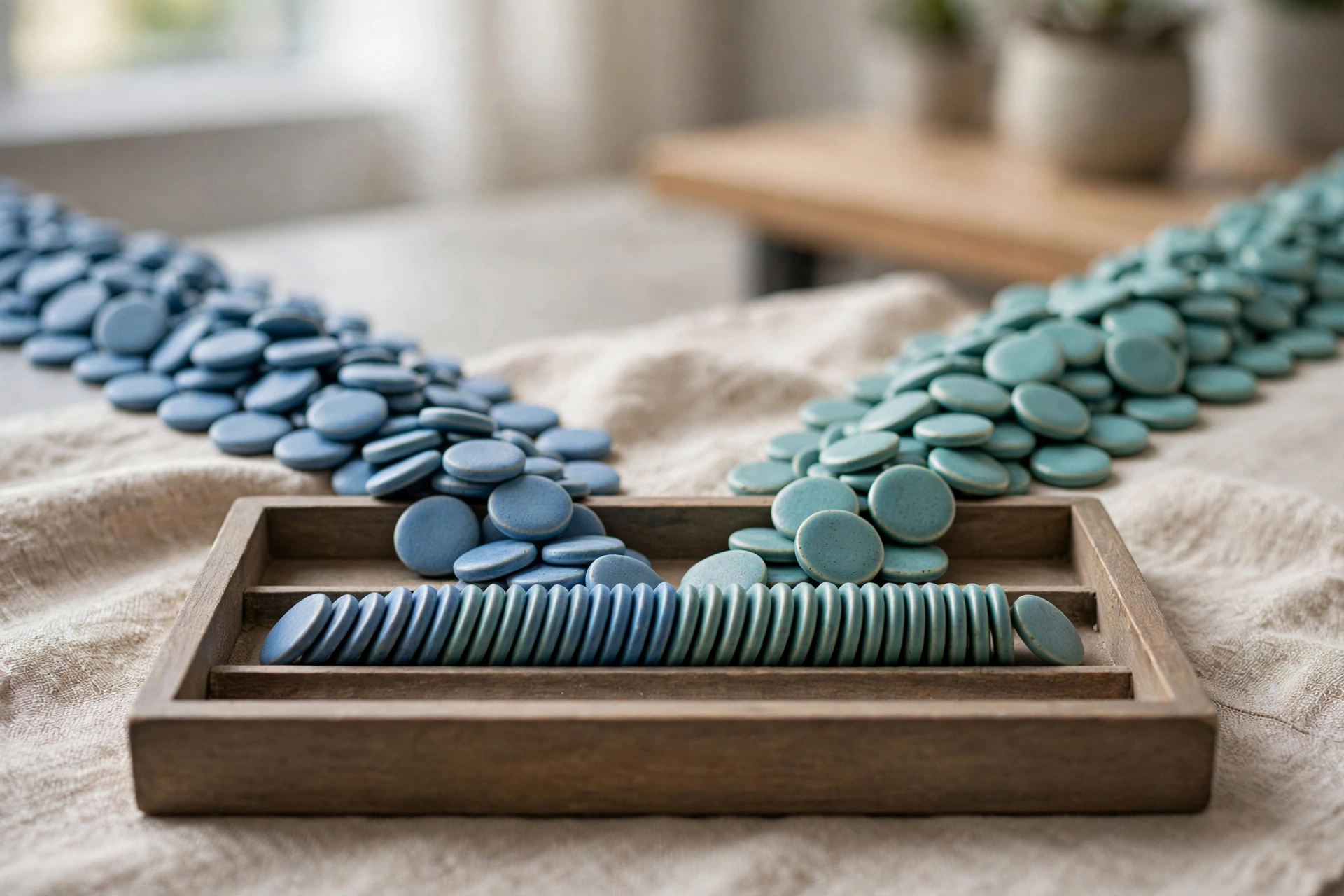 Two streams of blue and teal ceramic tokens converge into an organized row in a wooden tray on a neutral cloth.