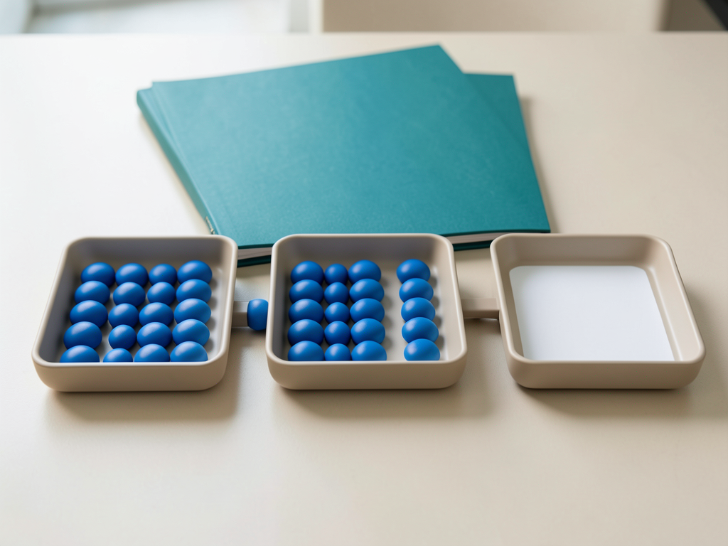Three shallow trays with blue tokens are arranged left to right, with tokens in the first two trays and the third tray empty.