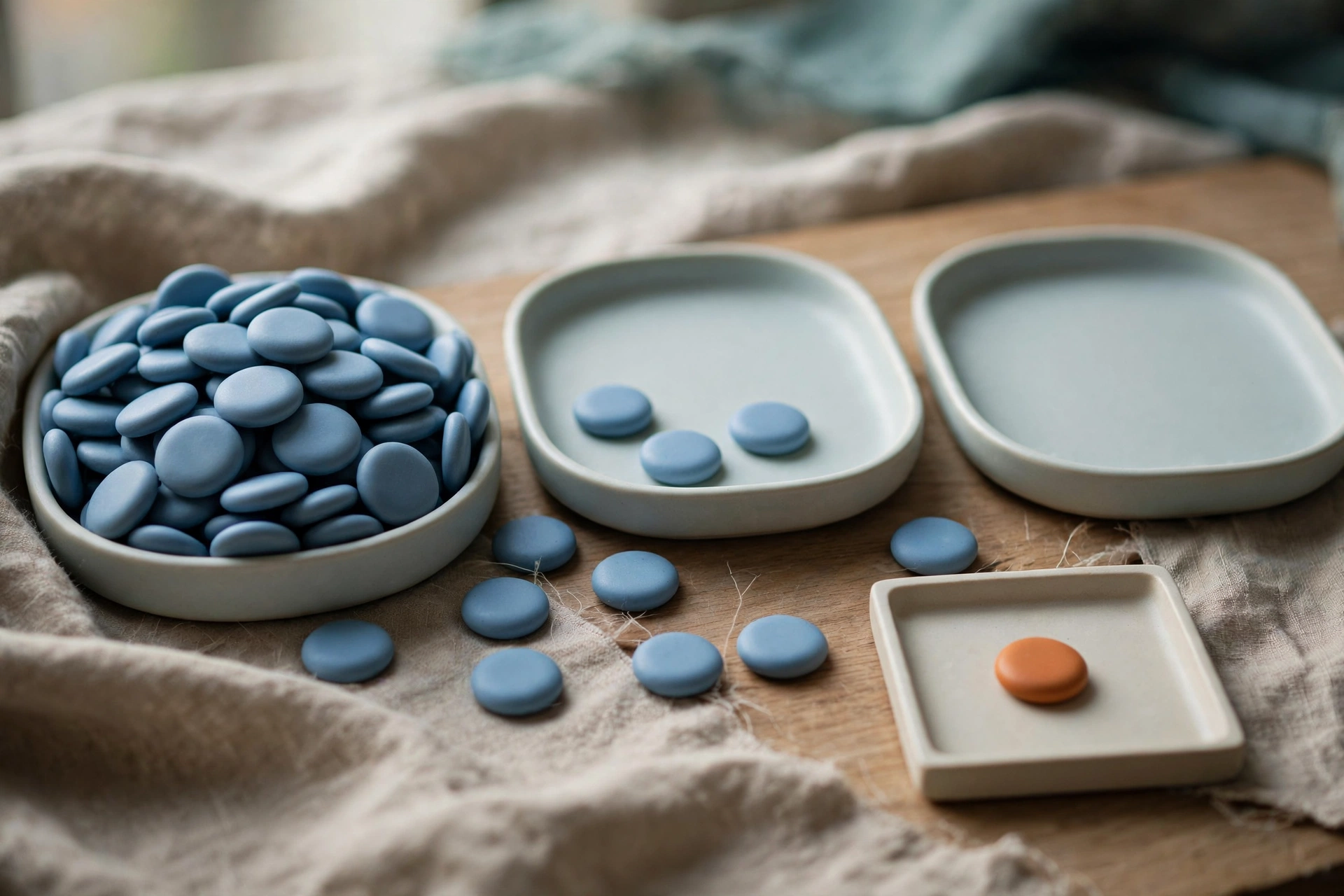 Three shallow trays hold blue tokens, with one tray containing an orange token, arranged on a wooden surface with fabric.
