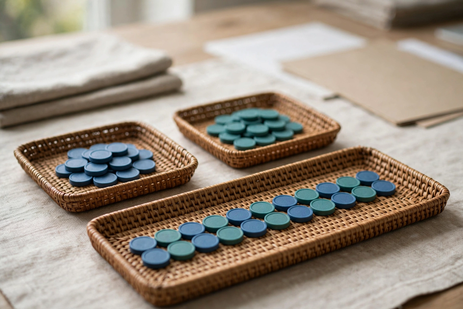 Three woven trays on a table, two with separate piles of blue and teal tokens, and one with a combined sequence of both colors.