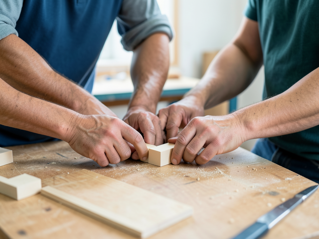 Three colleagues' hands work together on a wooden workbench, aligning and assembling plain modular parts in a controlled sequence.