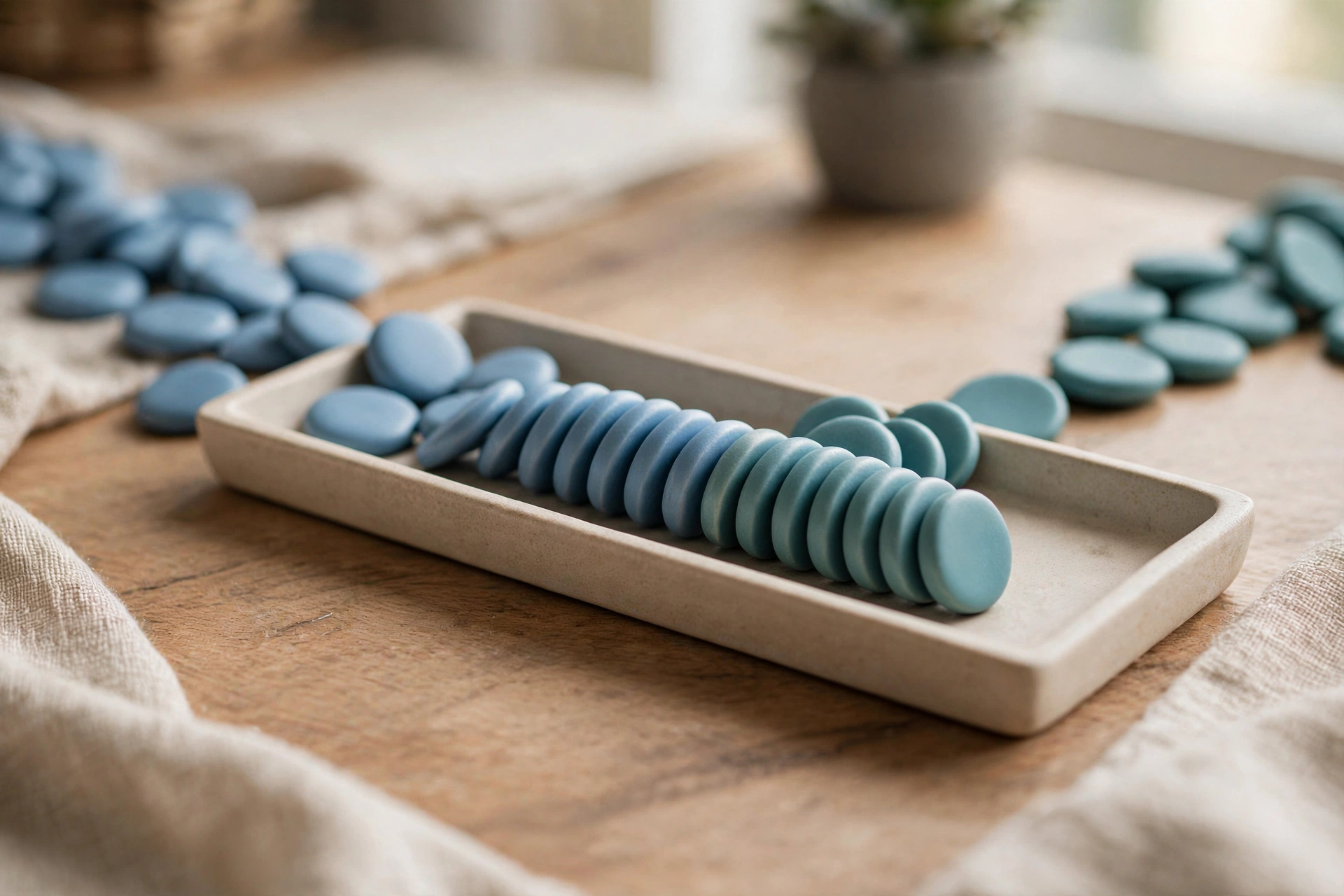 Blue and teal ceramic tokens converge into a neat row within a shallow sorting tray on a wooden surface.