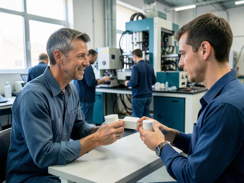 Two men in a manufacturing setting compare sample parts at a table, with machinery and other workers in the background.