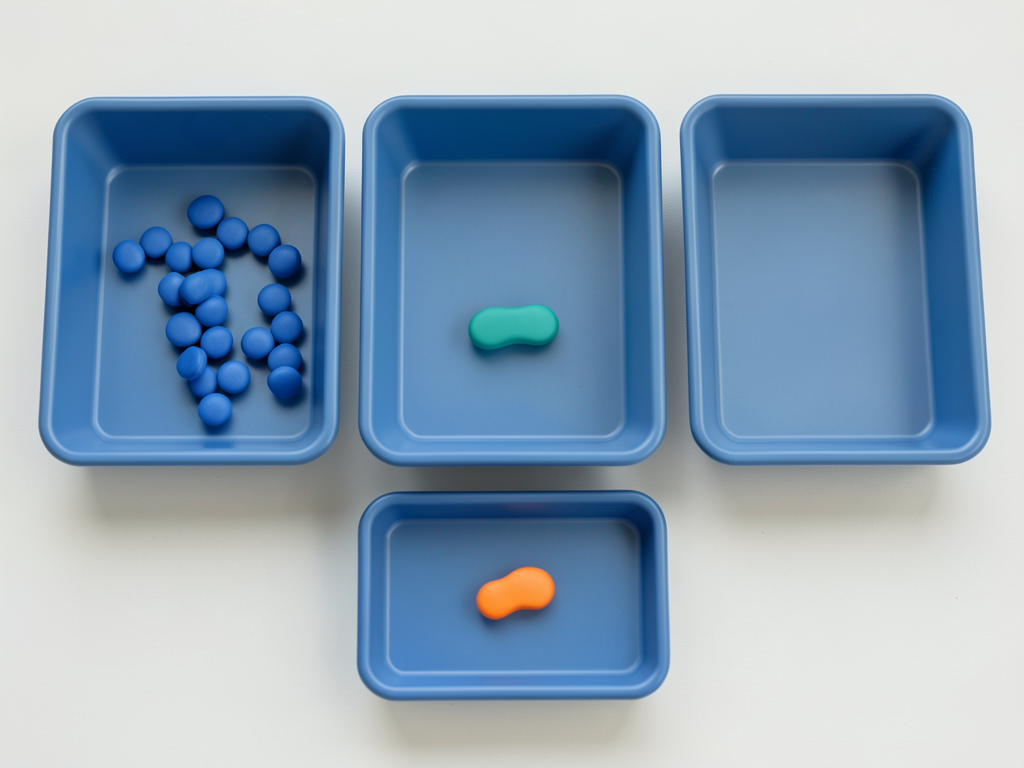 Three blue trays in a row with blue tokens, a teal token transferring, and an orange token in an exception tray.