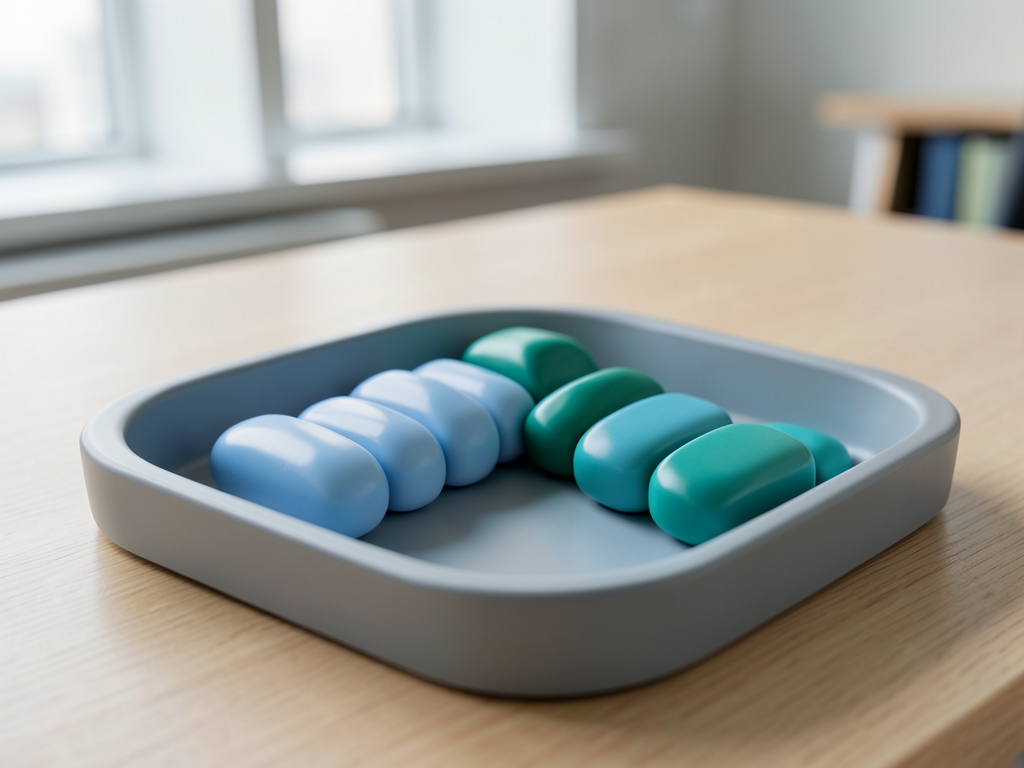 Blue and teal ceramic tokens are arranged in a shallow gray tray on a wooden desk, representing data consolidation.
