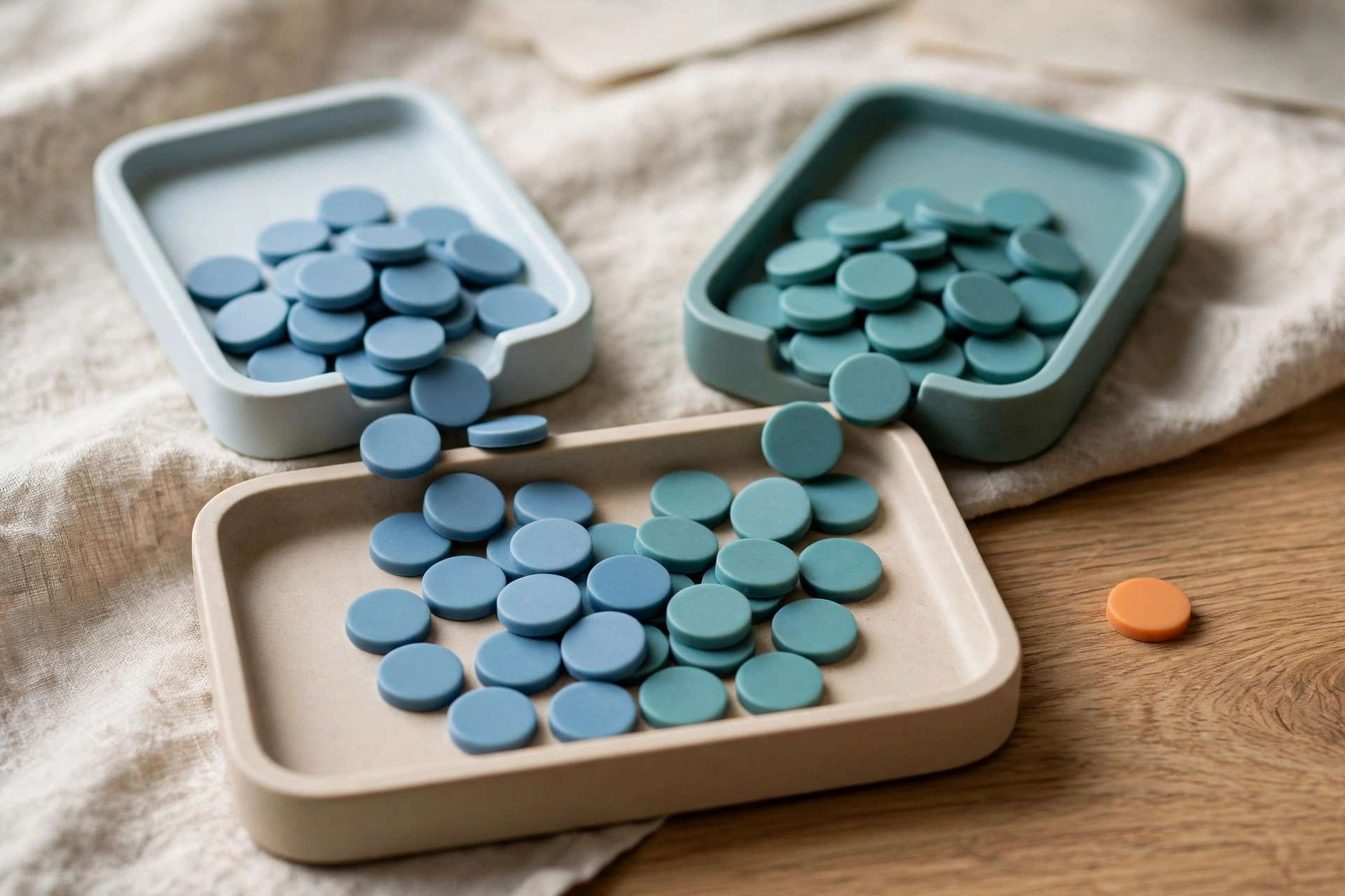 Two shallow trays of blue and teal tokens are shown, with tokens spilling into a third larger tray.