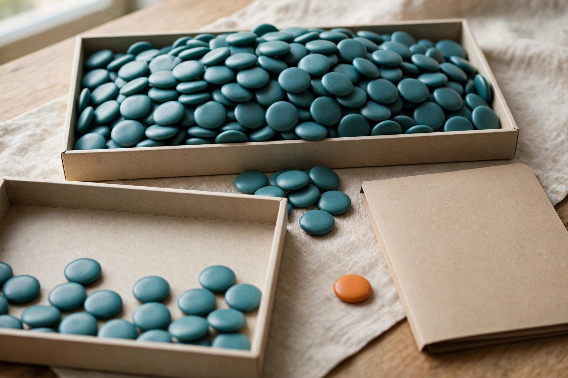 Two trays of teal tokens, one overloaded and one partly empty, with a group of tokens between them and an orange exception token beside a blank folder.