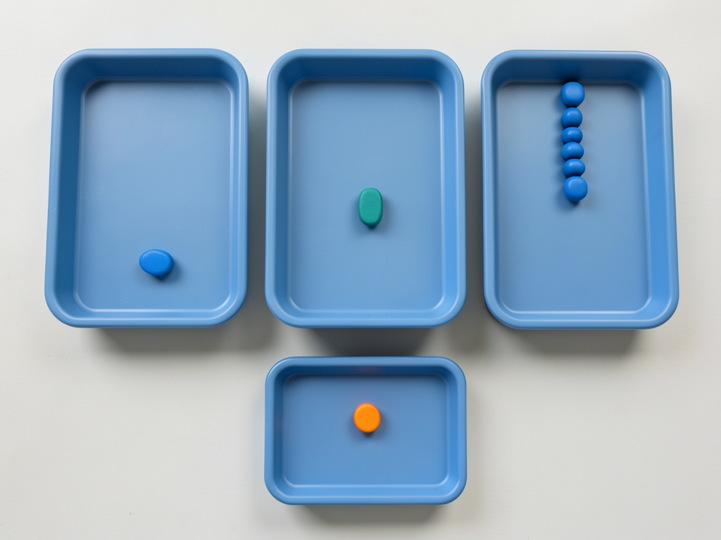 Three blue sorting trays are arranged horizontally with tokens inside, and a fourth tray sits below, all on a plain surface.