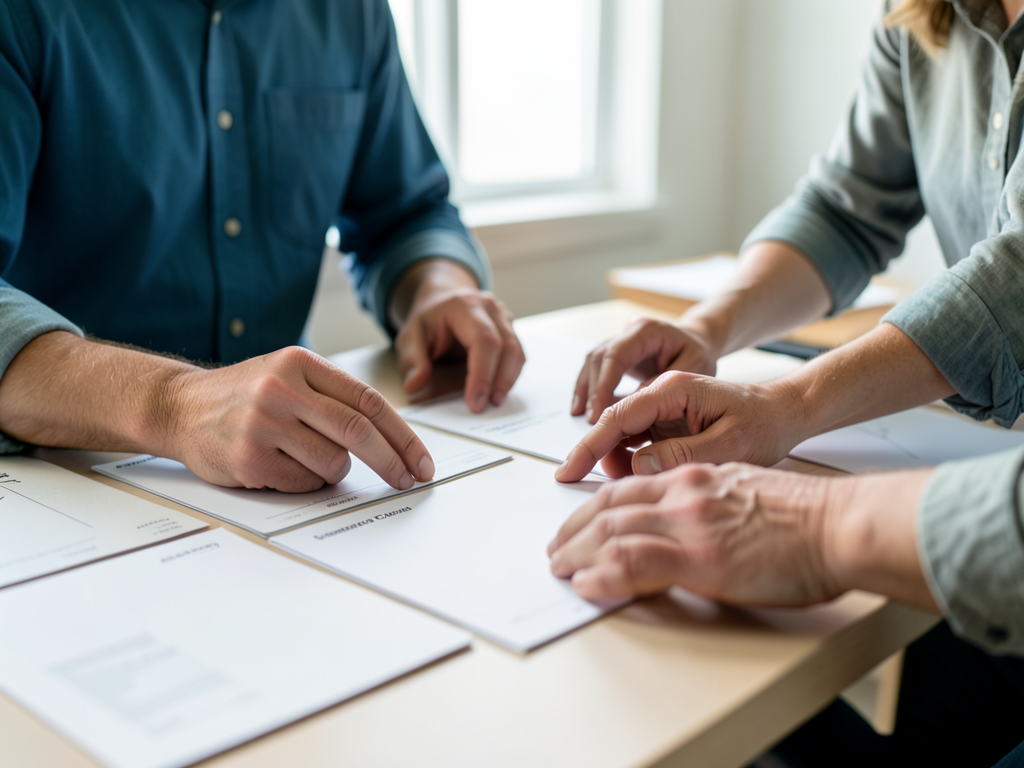 Two colleagues review documents together at a table in a well-lit studio.
