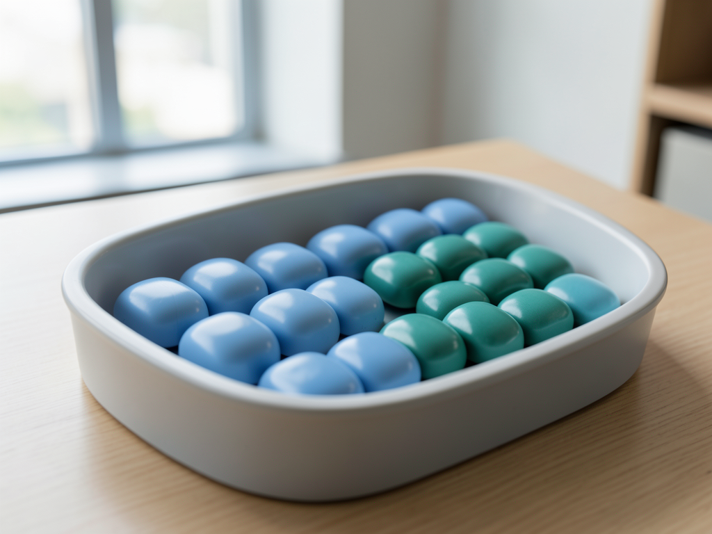 Blue and teal ceramic tokens are arranged in rows within a shallow tray on a wooden surface.
