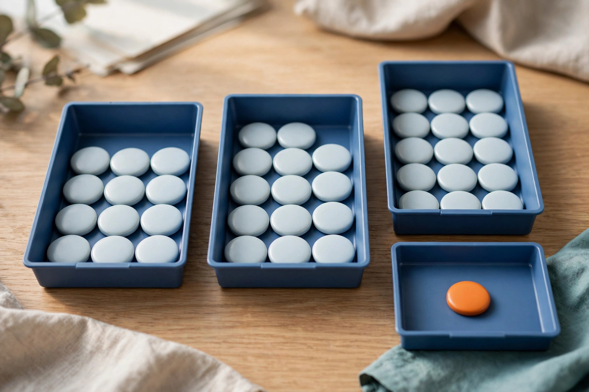 Three blue sorting trays hold blank white tokens, with a fourth blue tray containing a single orange token on a wooden surface.