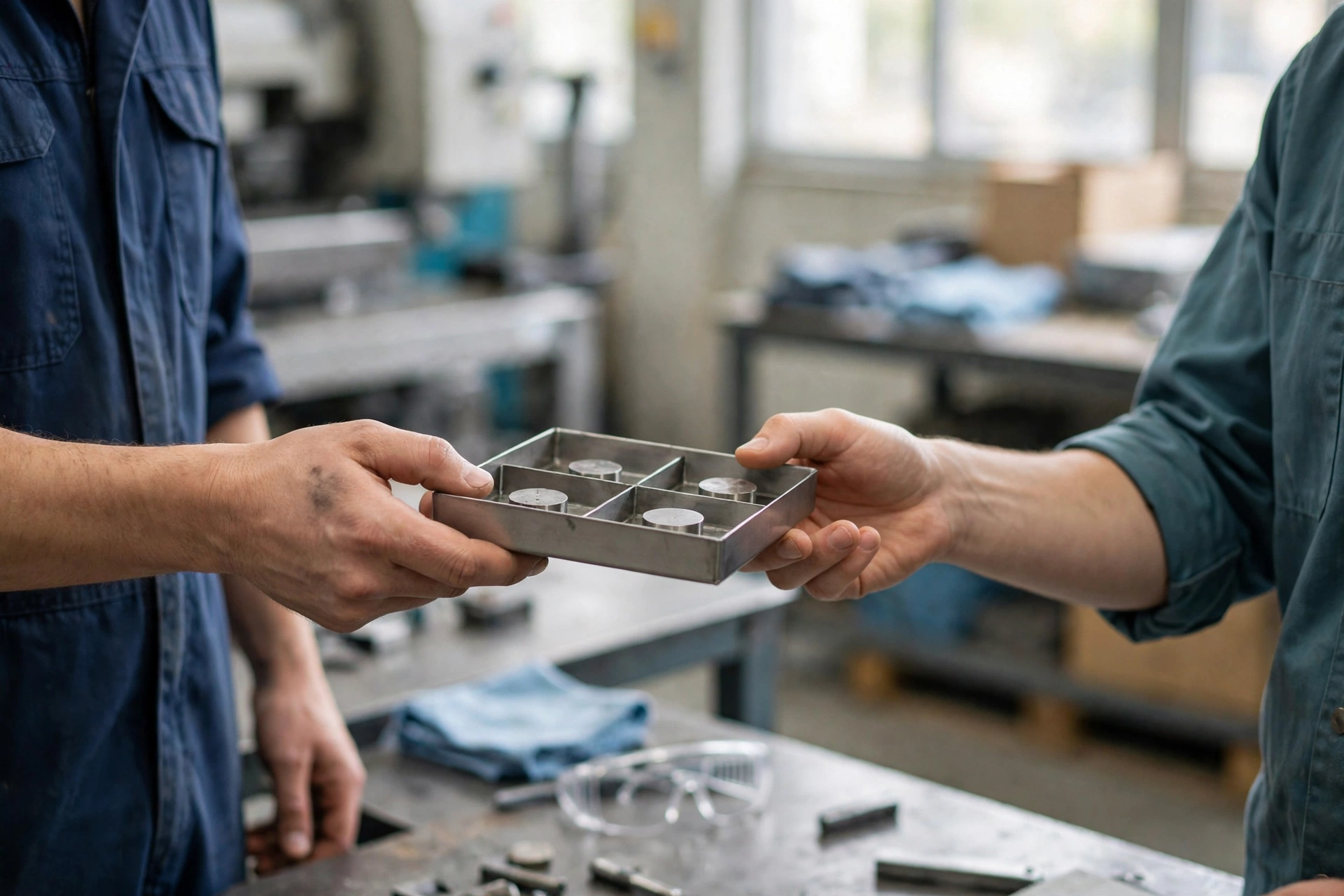 A plant operations colleague hands a sample tray with metal parts to a customer-facing teammate in a manufacturing workshop.
