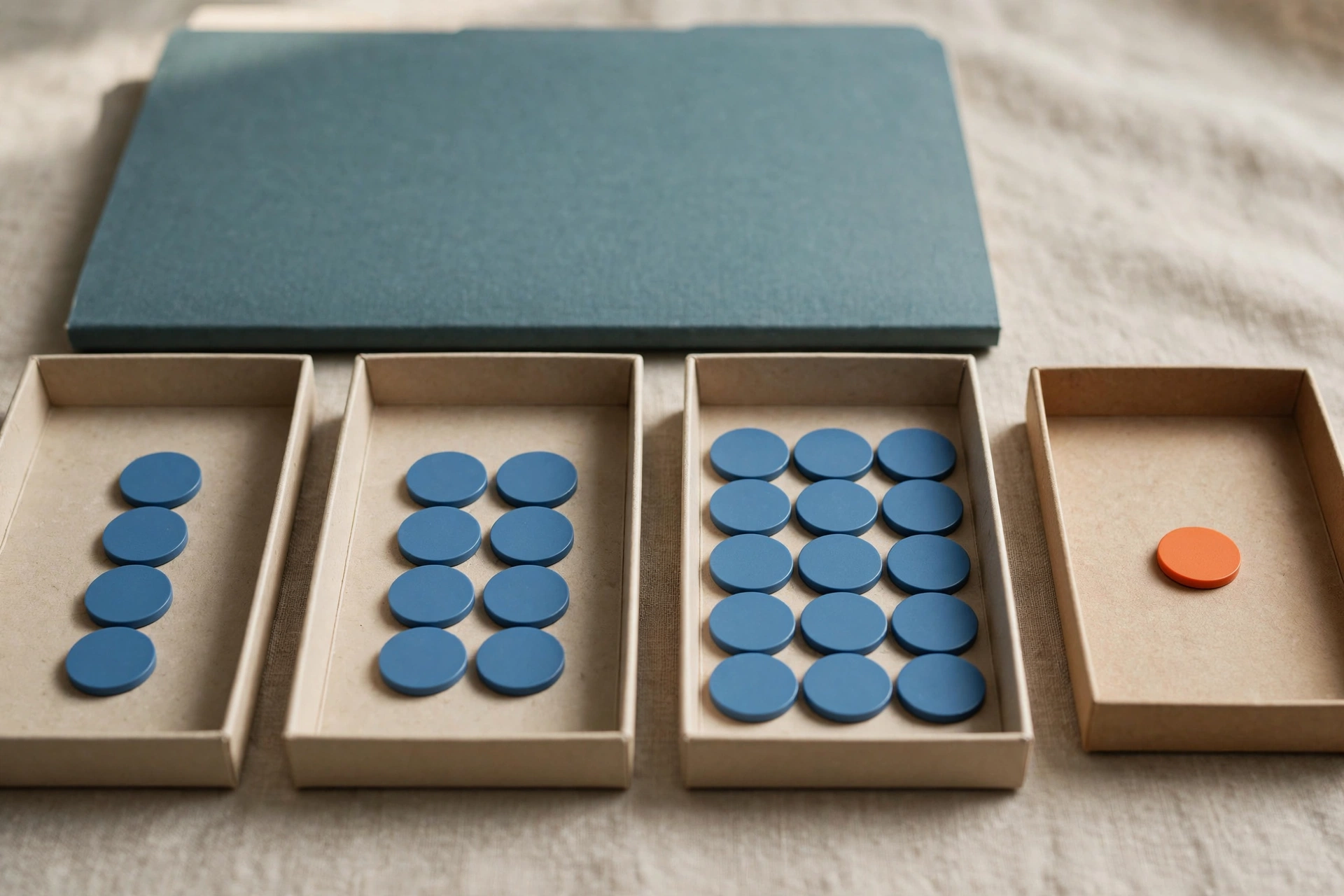 Four shallow office trays with blue tokens progress from left to right, with one orange token isolated in the rightmost tray.