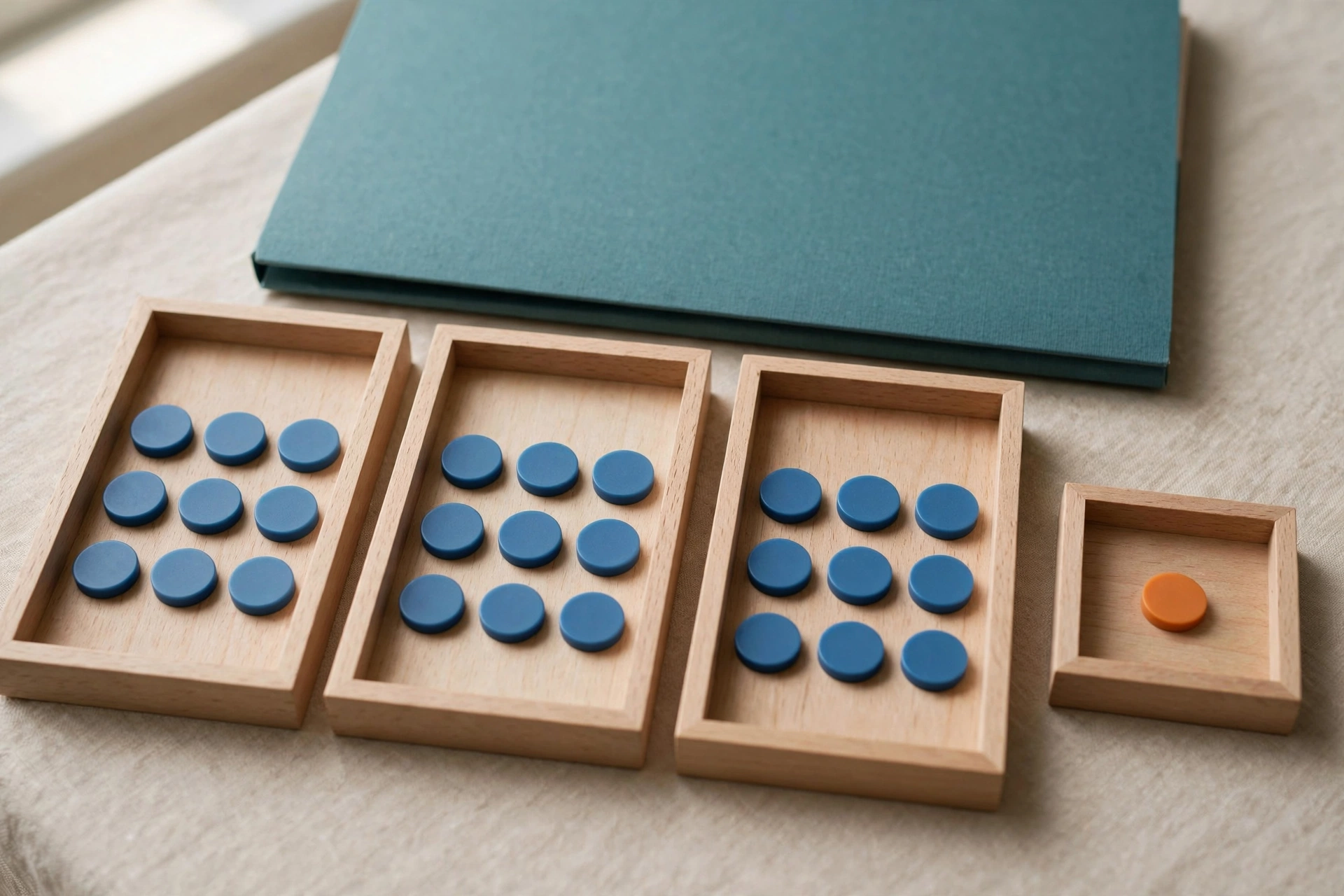 Blue tokens are distributed in three wooden trays, with one orange token in a separate small tray, and a teal folder behind.