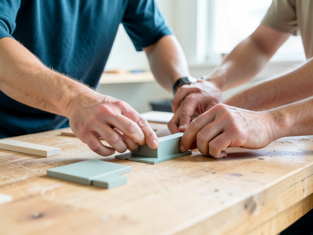 Two colleagues are shown from the chest down, working together at a wooden workbench, assembling small, light-colored modular parts.