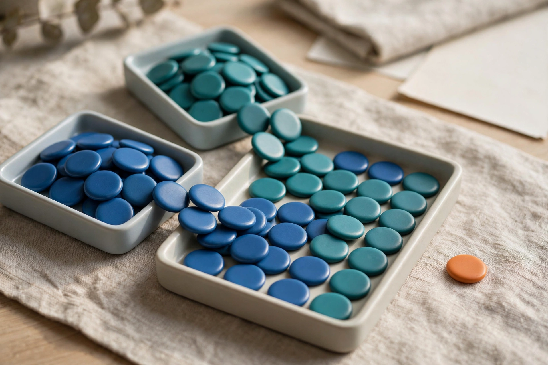 Two square trays of blue and teal tokens are shown converging into a single larger tray, with an orange token beside it.
