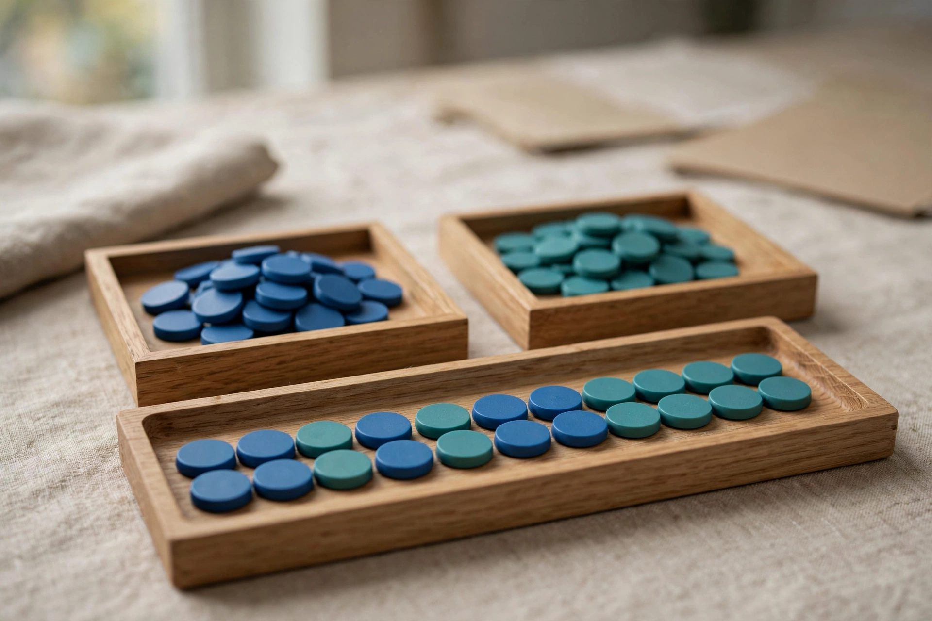 Three wooden trays with blue and teal tokens arranged to show integration.