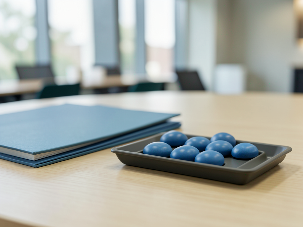 Blue tokens are arranged in a tray next to a folder on a wooden desk in a blurred office setting.