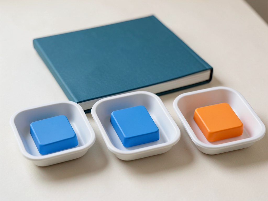 Three white office trays hold blue tokens, with a fourth tray holding an orange token, and a blue book rests behind them on a neutral surface.