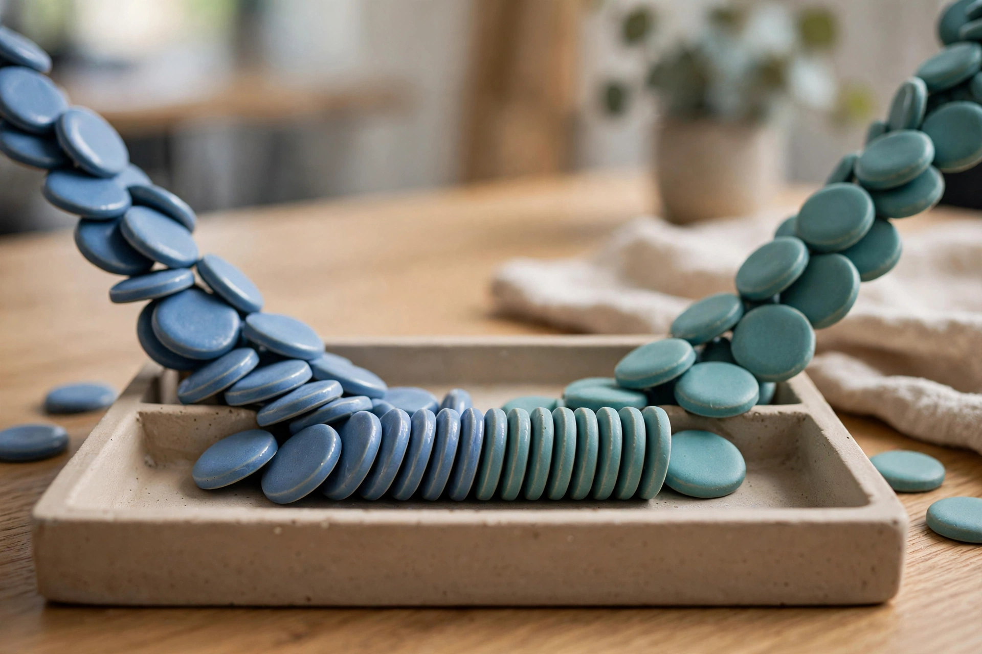 Blue and teal ceramic tokens converge into a neat row within a shallow sorting tray on a wooden surface.